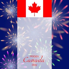 Canada day. Banner with Canada flag and fireworks. Salute on dark blue background. Square template. Happy Canada Day poster, card, flyer. Vector illustration.