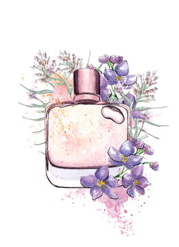 recommend clip art: Hand drawn watercolor Bottle of perfume, scent fragrance