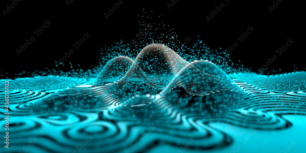 Wall mural waves in a digital grid with particles - atomic model