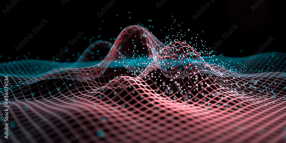 Wall mural waves in a digital grid with particles - atomic model
