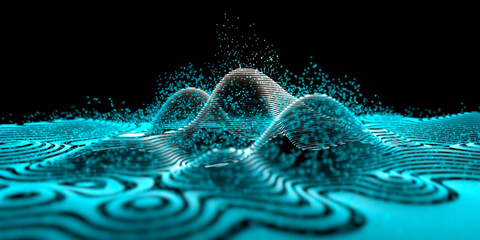 
Waves in a digital grid with particles - atomic model - obrazy, fototapety, plakaty