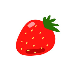 Cartoon ripe strawberry. Red color berry with leaves isolated on white background. Hand-drawn fruit as a symbol of summer, healthy raw food, gardening, market. Fresh cute print. Vector illustration