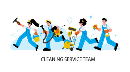 Janitors team in rubber glove rush to help.Men and woman in uniform run to clean up house after party, office room.