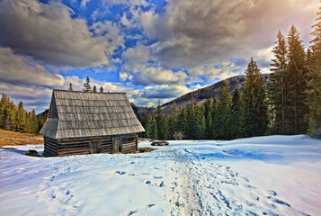 view of an old hut in the Polish Tatra Mountains in the Olczyska Valley