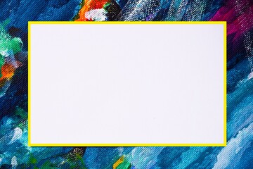 Square rectangle frame with acrylic paint on isolated white background with yellow border for overlay element.  Artistic, empty copy space middle and for invitation, photo, picture, decor, etc.  