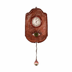 Old watch with an eye. Cartoon raster illustration of a vintage, wooden wall clock with an eyeball pendulum isolated on a white background. 