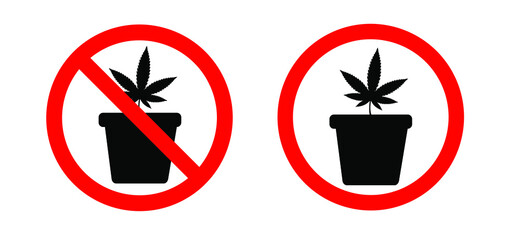 No cannabis pot. Flat vector icon. Cannabis, hemp pictogram. No medical marijuana leave for joint, smoking.