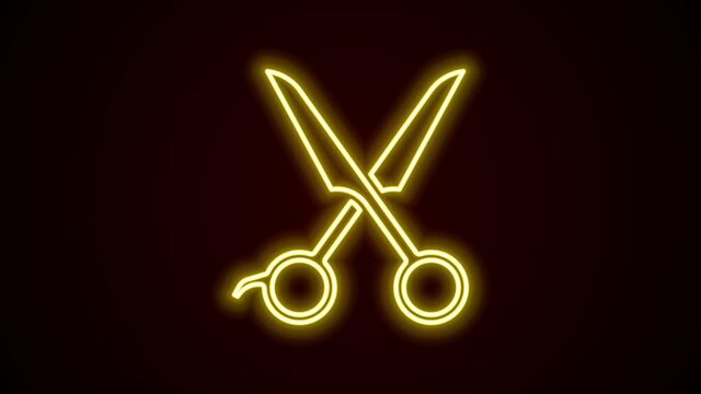 Glowing neon line Scissors hairdresser icon isolated on black background. Hairdresser, fashion salon and barber sign. Barbershop symbol. 4K Video motion graphic animation