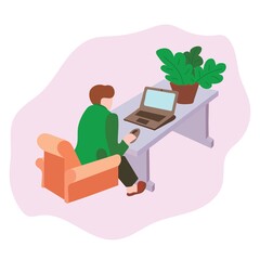 Cancept. Remote work at home. A woman is sitting in an armchair by a coffee table with a laptop. There is a houseplant on the table. Vectonray stock illustration.
