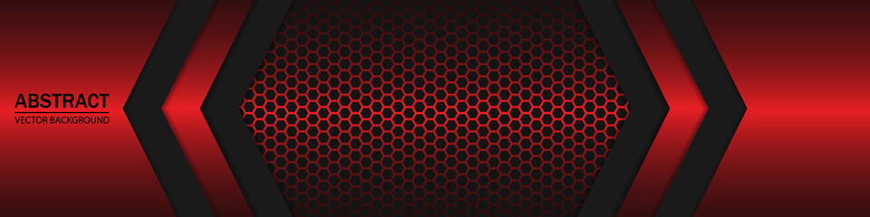 Red and black shapes, stripes and lines on a dark carbon fiber hexagonal background. Geometric shapes on a hexagonal red grid.
