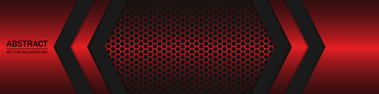 Red and black shapes, stripes and lines on a dark carbon fiber hexagonal background. Geometric shapes on a hexagonal red grid.