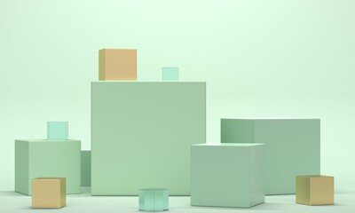 Mint abstract background with gold and glass cubes. 3d rendering