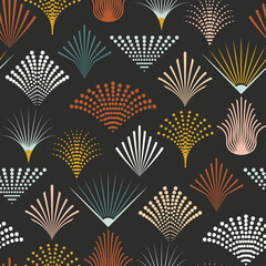 Neo art deco seamless pattern design with colorful elements on dark background