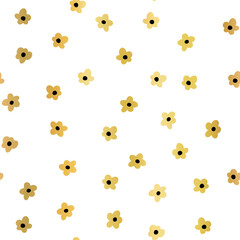 Gold foil ditsy flowers seamless vector background white. Floral repeating pattern small flowers. Elegant metallic golden Ditsy print. Seamless texture Surface pattern design .