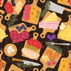 Charcuterie board seamless pattern - food platter repeat print design on dark background