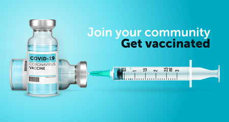 Covid 19 corona virus vaccine illustration with syringe - cover design style banner - get vaccinated ad on blue background - 436081908