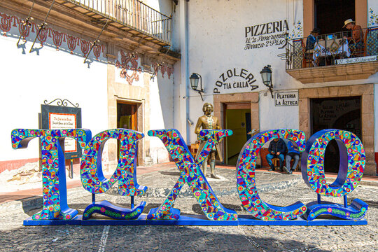 Taxco, Mexico-December 22, 2020: Big Letters of Taxco on the central city square near Santa Prisca church