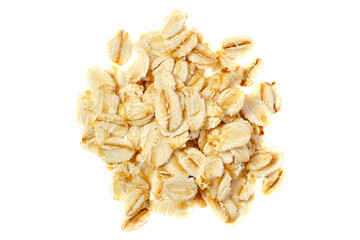 Pile of oat flakes isolated on a white background, top view. Oat flakes isolated on white background, top view. Heap of oatmeal isolated on white background. Rye flakes isolated on white, top view.