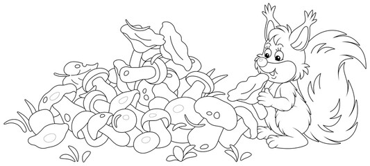 Little squirrel mushroomer with a big pile of picked mushrooms on a summer forest glade, black and white outline vector cartoon illustration for a coloring book page