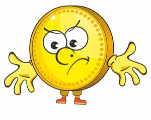 Gold coin, cute cartoon emoticon mascot. Golden Coin Cartoon Character For Business And Finance Concepts.