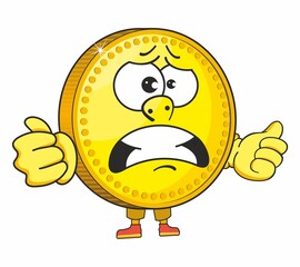 Gold coin, cute cartoon emoticon mascot. Golden Coin Cartoon Character For Business And Finance Concepts.