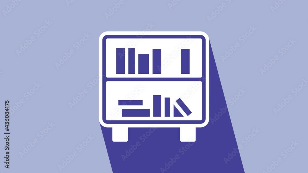 Poster White Shelf with books icon isolated on purple background. Shelves sign. 4K Video motion graphic animation