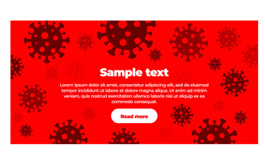 Fototapeta na wymiar Banner template red clean background with text, button and illustration large group of viruses around center. Global virus pandemic increase and decrease in incidence