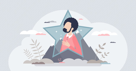 Top talent or best professional skills employee with star tiny person concept. Unique and successful business staff performance with peak productivity vector illustration. Mountain as goal symbol.