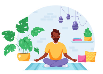 Black man meditating in lotus pose in cozy modern interior. Healthy lifestyle. Vector illustration