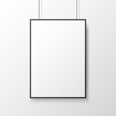 Poster mockup hanging on light wall. White template with frame. Isolated picture close up. Empty blank with soft shadow. Vector illustration