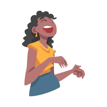Happy African American Girl Having Fun, Portrait of Laughing Girl Cartoon Vector Illustration