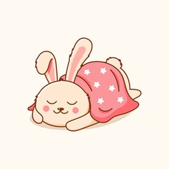 Funny rabbit sleeping covered by blanket. Vector Icon Illustration. Bunny Logo Mascot Cartoon Character. Flat Cartoon Style Suitable for Web Landing Page, Banner, Flyer, Sticker, Card