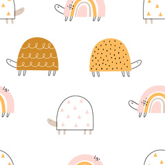 Vector color hand-drawn seamless repeating childish pattern with cute doodle turtles in Scandinavian style on a white background. Kids texture for fabric, wrapping, textile, wallpaper, apparel.