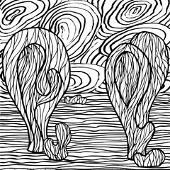 Doodle alien fantasy landscape coloring page for adults. Fantastic graphic artwork. Hand drawn simple illustration.