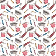 Watercolor seamless pattern for travelers and tourists. Traveling bowl, spoon, knife, fork and multitool. Stylish pattern to fill the background on various products.