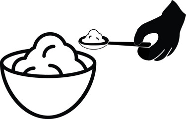 Baby spoon and bowl full of meal vector sketch icon isolated on background. Hand drawn Baby spoon and bowl full of meal icon. Baby spoon and bowl sketch icon for infographic, website or app.