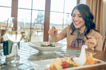 Dark-haired cute woman sitting at the table in a restaurant and looking happy