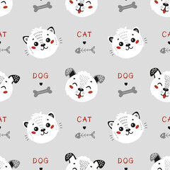 Vector Pets. Cute Little Cat and Funny Dog Seamless Pattern. Childish Background with Kitten and Puppy. Baby Animal Heads Drawing for Tee Print for Kids