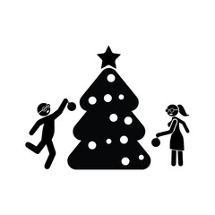 Christmas poster design with Children and Christmas Tree. Christmas greeting card. Vector illustration.