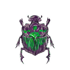 Illustration of a small purple beetle with green spots on a white background
