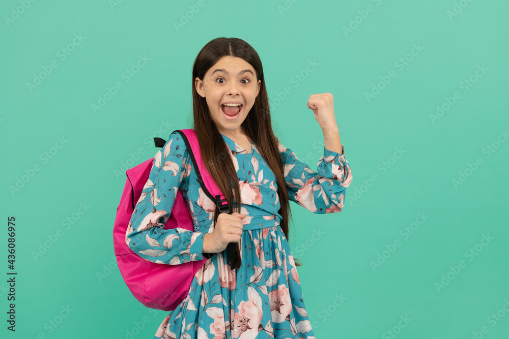 Poster graduated. beautiful kid with long hair on blue background. september 1. happy childhood.