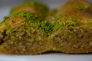 Traditional Middle Eastern Flavors. The local name of Baklava is Fıstıklı Baklava. Close up.