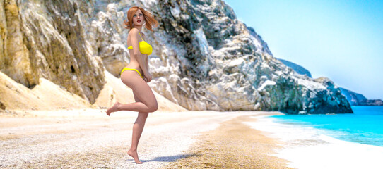 Woman swimsuit on beach.