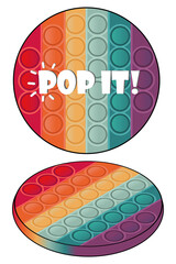 Set of circle Pop it Isometric anti-stress with lettering, colored bumps, vector isolated