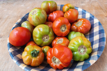 Organic and ecological tomatoes of different sizes, in a rustic deep plate, on a wooden board.