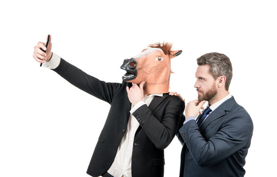 Live streaming with your phone. Employees take selfie with smartphone. Mobile live streaming