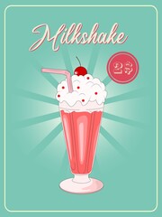 Vector illustration. Retro banner. Vintage poster. Milkshake illustration on a blue background. Retro milkshake pricelist

