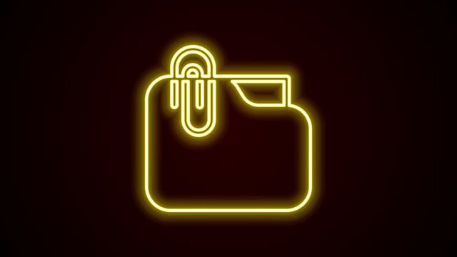 Glowing neon line Document folder with paper clip icon isolated on black background. Accounting binder symbol. Bookkeeping management. 4K Video motion graphic animation