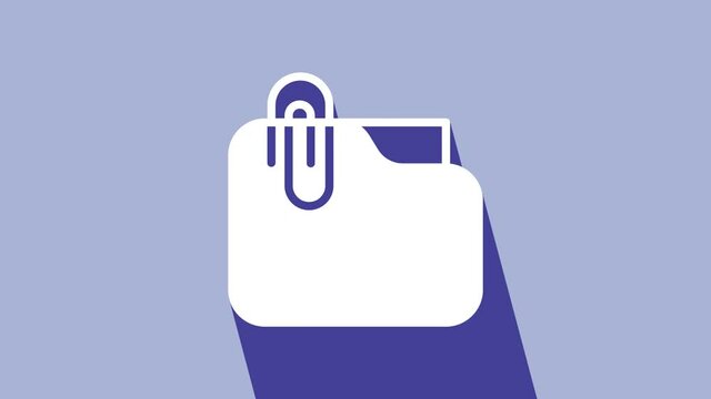 White Document folder with paper clip icon isolated on purple background. Accounting binder symbol. Bookkeeping management. 4K Video motion graphic animation