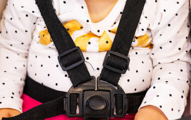 Seat belt in a baby carriage.child seat belts in the car. Close-up Concept Safety and health of...